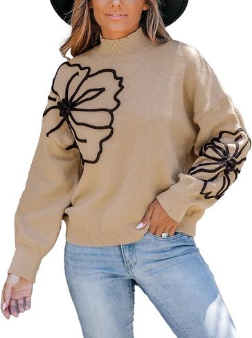 CUPSHE Womens Sweaters Mock Neck Long Sleeve Sweater Floral Lightweight Knit Pullover Sweater Tops Tops in Saudi Arabia