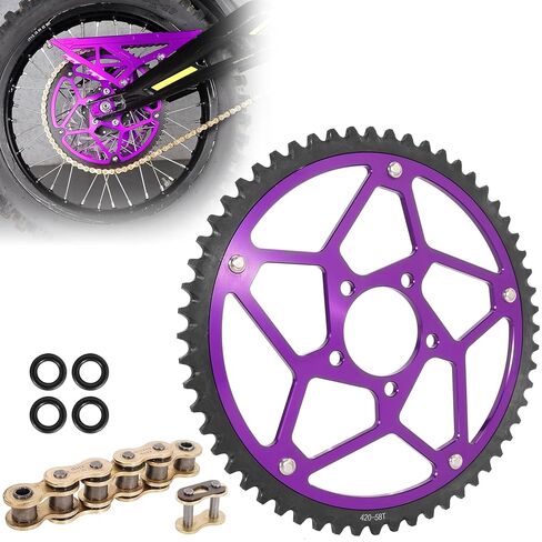 إطار مقوى بالفولاذ 58 سنًا 7075 ألومنيوم مع وصلات سلاسل، ضرس سلسلة CNC 58T 7075 ألومنيوم متوافق مع Segway X160 X260 Sur Ron Light Bee X، أرجواني in Kuwait