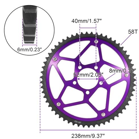 إطار مقوى بالفولاذ 58 سنًا 7075 ألومنيوم مع وصلات سلاسل، ضرس سلسلة CNC 58T 7075 ألومنيوم متوافق مع Segway X160 X260 Sur Ron Light Bee X، أرجواني in Kuwait