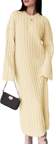Saodimallsu Womens Oversized Cable Knit Sweater Dress Drop Shoulder Long Sleeve Loose Fall Midi Pullover Sweater Dresses in Saudi Arabia