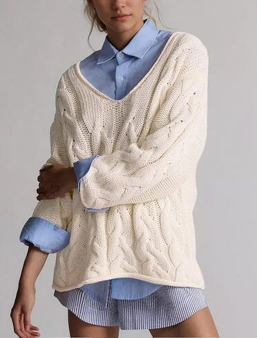 ZAFUL Womens V Neck Off The Shoulder Sweater Long Sleeve 2025 Oversized Cable Knit Casual Pullover Tops in Saudi Arabia