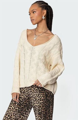 ZAFUL Womens V Neck Off The Shoulder Sweater Long Sleeve 2025 Oversized Cable Knit Casual Pullover Tops in Saudi Arabia
