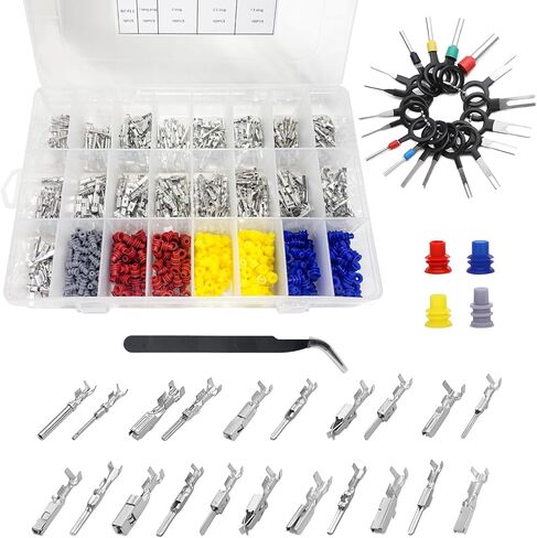 755PCS 21 Type Pin Connectors Kit, 1/1.5/1.8/2.2/2.8/3.5mm Car Electrical Wire Terminal Pins Connector, Non-Insulated Plug Removal Tool & Male Female Crimp Pin, Car Accessories in Kuwait