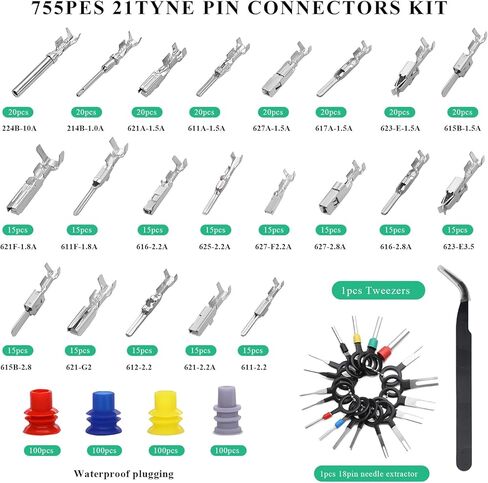 755PCS 21 Type Pin Connectors Kit, 1/1.5/1.8/2.2/2.8/3.5mm Car Electrical Wire Terminal Pins Connector, Non-Insulated Plug Removal Tool & Male Female Crimp Pin, Car Accessories in Kuwait