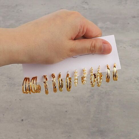 6 Pairs Gold Hoop Earrings for Women, Hypoallergenic Twisted Statement Earrings, Fashion Large Pearls - Beautifully Decorated for Birthday Parties（Style 2） in Saudi Arabia