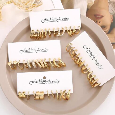 6 Pairs Gold Hoop Earrings for Women, Hypoallergenic Twisted Statement Earrings, Fashion Large Pearls - Beautifully Decorated for Birthday Parties（Style 2） in Saudi Arabia