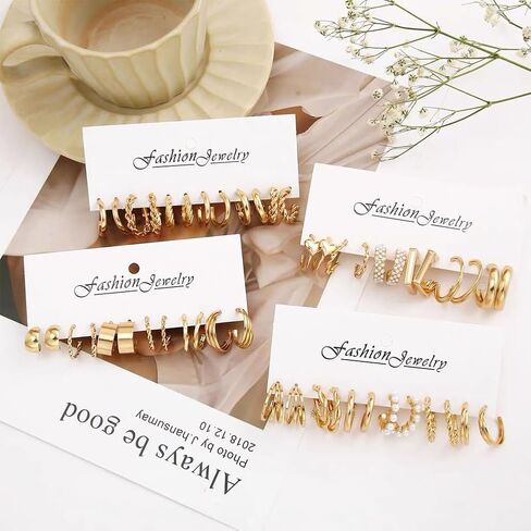 6 Pairs Gold Hoop Earrings for Women, Hypoallergenic Twisted Statement Earrings, Fashion Large Pearls - Beautifully Decorated for Birthday Parties（Style 2） in Saudi Arabia