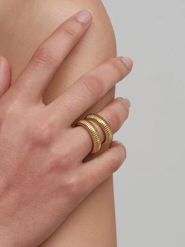 18k Gold Plated Ribbed Chunky Dome Ring, Minimalist Versatile Ring Fashionable Stacking Rings for Women and Men Jewelry Size 6 to 8 in Kuwait