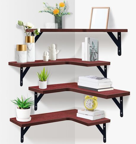 Corner Floating Shelves Set of 4,Corner Wall Shelves,Rustic Wood Wall Mounted Shelf for Home Decor, Living Room, Bedroom, Kitchen, Bathroom,Office(Brown,15.9 x 11.4 inch) in Saudi Arabia