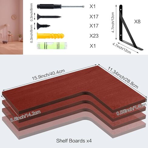 Corner Floating Shelves Set of 4,Corner Wall Shelves,Rustic Wood Wall Mounted Shelf for Home Decor, Living Room, Bedroom, Kitchen, Bathroom,Office(Brown,15.9 x 11.4 inch) in Saudi Arabia