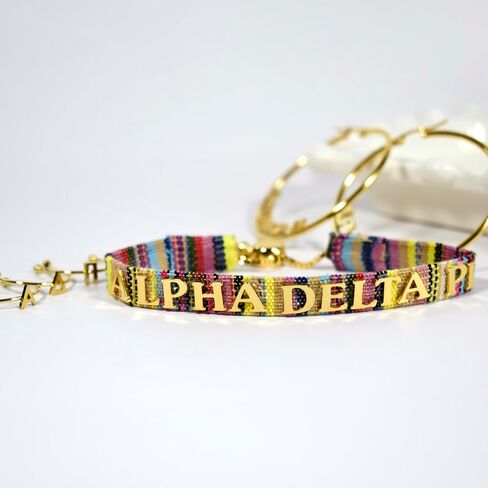 سوار نادي نسائي من Alpha Delta Pi - سوار منسوج متعدد الألوان مع اسم نادي نسائي مطلي بالذهب ومشبك قابل للتعديل in Saudi Arabia