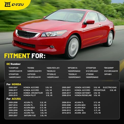 طقم حزام توقيت سيربنتين TCKWP329 مع مضخة مياه لسيارة Honda Accord 2003-2018، Crosstour، Odyssey، Pilot، Ridgeline، Acura MDX/RDX/TL/TSX، Saturn Vue 3.0L/3.5L/3.7L - يستبدل TKH002، 19200-RDV-J01 in Kuwait