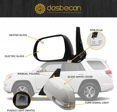 Dasbecan Right Passenger Side Mirror Compatible with 2010-2013 Toyota 4runner with Power Heated Glass, Manual Folding, Turn Signal, Puddle Light, Gloss White Cover Replace# TO1321263(9 Pins) in Saudi Arabia