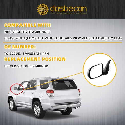 Dasbecan Right Passenger Side Mirror Compatible with 2010-2013 Toyota 4runner with Power Heated Glass, Manual Folding, Turn Signal, Puddle Light, Gloss White Cover Replace# TO1321263(9 Pins) in Saudi Arabia