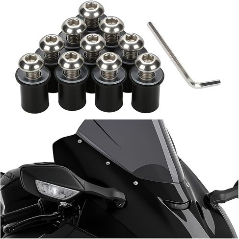 Motorcycle Windshield Bolt Screw Kit, 10PCS M5 x 16 Aluminum Alloy Windscreen Body Mounting Wellnut Bolt Set with Wrench, Motorbike Fairing Fastener Screws Nuts, Universal Fit (Black) in Kuwait
