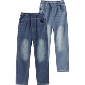 بنطال جينز للأولاد بخصر مطاطي متوسط ​​الطول ومغسول بطول كامل من قماش الدنيم المستقيم مقاس 3-12 سنة in Kuwait