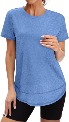 Women's Workout Tops Short Sleeve Sun Protection Shirts Trendy Spring Summer Crewneck Athletic Yoga Tees Curved Hem in Saudi Arabia