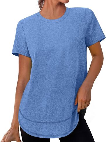 Women's Workout Tops Short Sleeve Sun Protection Shirts Trendy Spring Summer Crewneck Athletic Yoga Tees Curved Hem in Saudi Arabia