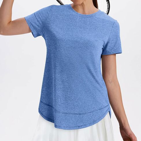 Women's Workout Tops Short Sleeve Sun Protection Shirts Trendy Spring Summer Crewneck Athletic Yoga Tees Curved Hem in Saudi Arabia