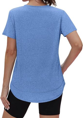 Women's Workout Tops Short Sleeve Sun Protection Shirts Trendy Spring Summer Crewneck Athletic Yoga Tees Curved Hem in Saudi Arabia