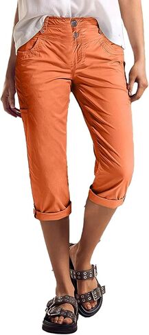 Flamingals Straight Leg Capris Pants for Women Mid Waist Casual Roll Hem Dual Button Pants in Kuwait