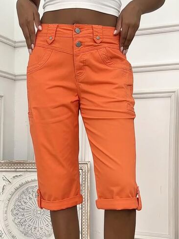 Flamingals Straight Leg Capris Pants for Women Mid Waist Casual Roll Hem Dual Button Pants in Kuwait