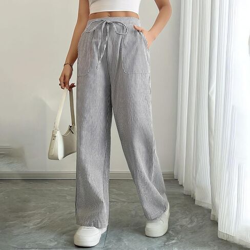 Women's Wide Leg Striped Pants - Low Waisted with Drawstring, Casual Loose Trousers with Pockets for Daily Wear & Outings in Saudi Arabia