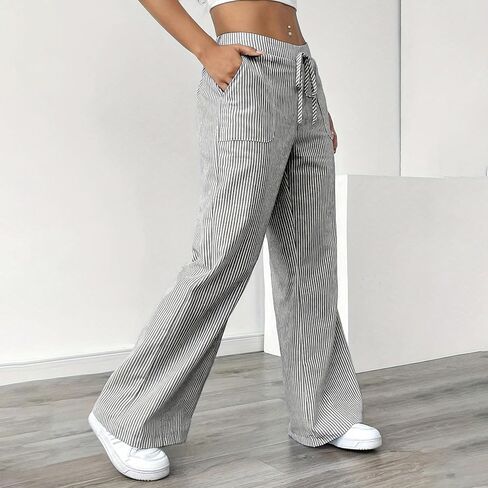 Women's Wide Leg Striped Pants - Low Waisted with Drawstring, Casual Loose Trousers with Pockets for Daily Wear & Outings in Saudi Arabia