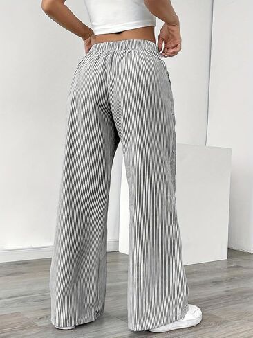 Women's Wide Leg Striped Pants - Low Waisted with Drawstring, Casual Loose Trousers with Pockets for Daily Wear & Outings in Saudi Arabia