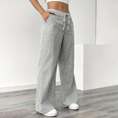 Women's Wide Leg Striped Pants - Low Waisted with Drawstring, Casual Loose Trousers with Pockets for Daily Wear & Outings in Saudi Arabia