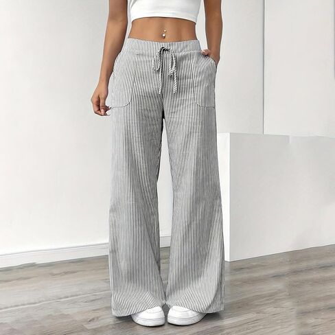 Women's Wide Leg Striped Pants - Low Waisted with Drawstring, Casual Loose Trousers with Pockets for Daily Wear & Outings in Saudi Arabia
