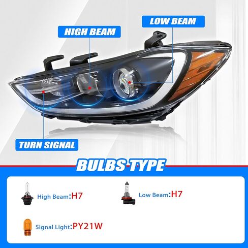 Headlight Assembly Compatible with 2017 2018 Hyundai Elantra w/Bulbs Halogen Headlamp(Left and Right Side) in Kuwait