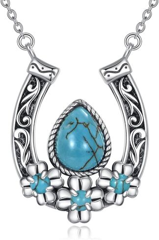 Vintage Horseshoe with Natural Turquoise Necklace 925 Sterling Silver Retro Western Horseshoe Pendant Necklace with 18+2 inch Chain for Birthday Women Gifts in Kuwait