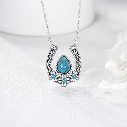 Vintage Horseshoe with Natural Turquoise Necklace 925 Sterling Silver Retro Western Horseshoe Pendant Necklace with 18+2 inch Chain for Birthday Women Gifts in Kuwait