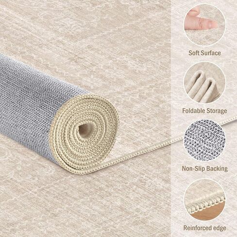 سجاد منطقة 5x7 غرفة المعيشة: سجادة بيج عتيقة كبيرة قابلة للغسل محايدة غير قابلة للانزلاق ناعمة مقاومة للبقع سجادة داخلية لغرفة النوم وغرفة الطعام وغرفة الطعام تحت الطاولة والمنزل والمكتب وغرفة اللعب in Kuwait