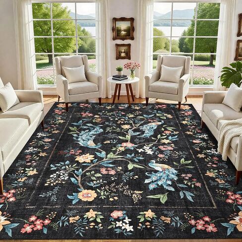 GarveeHome Small Black Entryway Rug, 2x3 Washable Front Door Rug Indoor Entrance Floral Peacock Carpet Non-Slip Low Pile Throw Rugs for Kitchen Floor, Powder Room, Entry, Bathroom, Kids Room in Saudi Arabia
