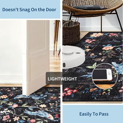 GarveeHome Small Black Entryway Rug, 2x3 Washable Front Door Rug Indoor Entrance Floral Peacock Carpet Non-Slip Low Pile Throw Rugs for Kitchen Floor, Powder Room, Entry, Bathroom, Kids Room in Saudi Arabia