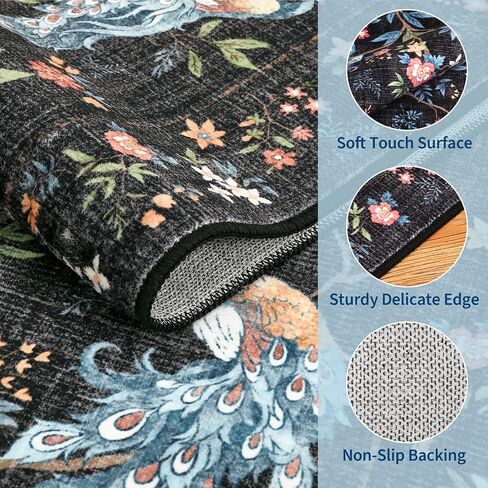 GarveeHome Small Black Entryway Rug, 2x3 Washable Front Door Rug Indoor Entrance Floral Peacock Carpet Non-Slip Low Pile Throw Rugs for Kitchen Floor, Powder Room, Entry, Bathroom, Kids Room in Saudi Arabia