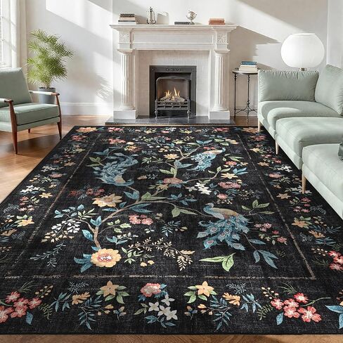GarveeHome Small Black Entryway Rug, 2x3 Washable Front Door Rug Indoor Entrance Floral Peacock Carpet Non-Slip Low Pile Throw Rugs for Kitchen Floor, Powder Room, Entry, Bathroom, Kids Room in Saudi Arabia