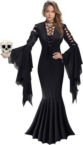 KatchOn Gothic Witch Costume - Black Witch Dress with Collar Choker and Skull for Women - Adult Halloween Costume in Saudi Arabia