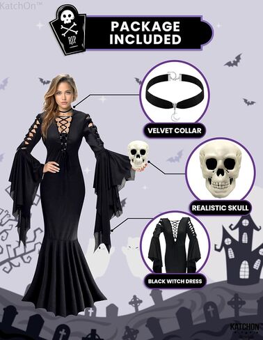 KatchOn Gothic Witch Costume - Black Witch Dress with Collar Choker and Skull for Women - Adult Halloween Costume in Saudi Arabia