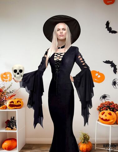 KatchOn Gothic Witch Costume - Black Witch Dress with Collar Choker and Skull for Women - Adult Halloween Costume in Saudi Arabia
