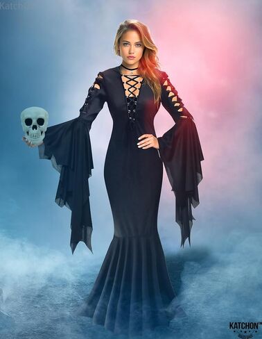 KatchOn Gothic Witch Costume - Black Witch Dress with Collar Choker and Skull for Women - Adult Halloween Costume in Saudi Arabia