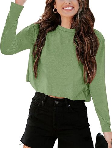 Tankaneo Women Long Sleeve Crop Tops Loose Crew Neck Cropped T-Shirts Drop Shoulder Casual Basic Tees L-Blue in Saudi Arabia