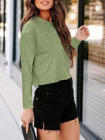 Tankaneo Women Long Sleeve Crop Tops Loose Crew Neck Cropped T-Shirts Drop Shoulder Casual Basic Tees L-Blue in Saudi Arabia