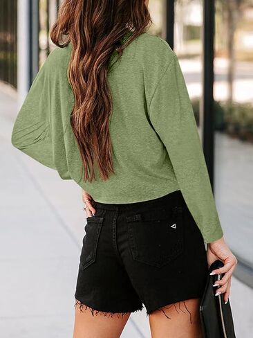 Tankaneo Women Long Sleeve Crop Tops Loose Crew Neck Cropped T-Shirts Drop Shoulder Casual Basic Tees L-Blue in Saudi Arabia