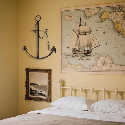 Aura7Mix 13" Antique Metal Nautical Anchor Wall Decor with Chain, Hand-Painted Iron Metal Anchor Art Wall Decor Ideas for Coastal, Farmhouse, Bedroom, Dorm Home, Living Room (1 Pack Vintage) in Saudi Arabia
