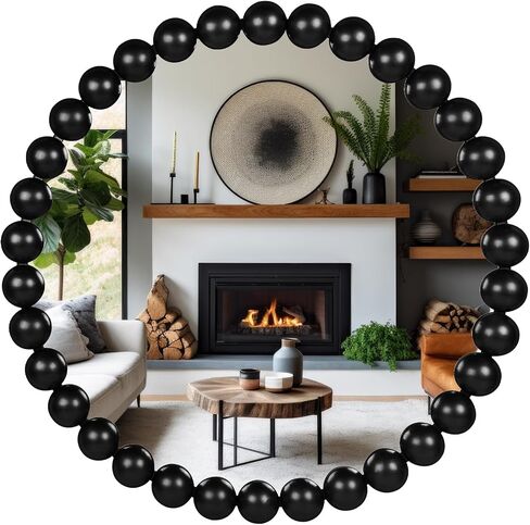 24 Inch Round Gold Wall Mirror Decorative Wall Mounted Mirror with Wood Beads – Decorative Circle Beaded Mirror for Bathroom, Living Room, Entryway, Bedroom, and Modern Farmhouse Wall Decor (Gold) in Saudi Arabia