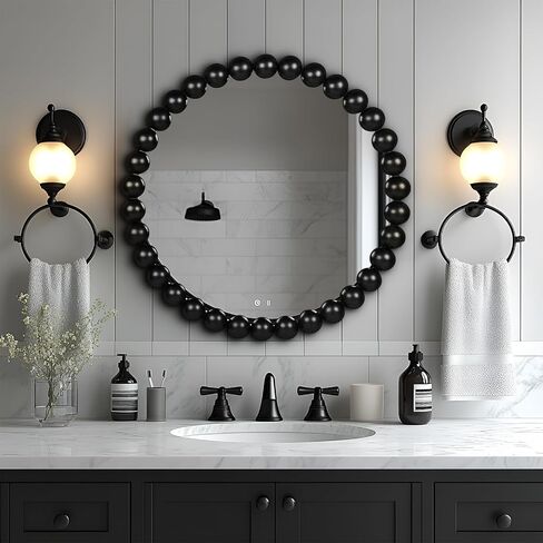 24 Inch Round Gold Wall Mirror Decorative Wall Mounted Mirror with Wood Beads – Decorative Circle Beaded Mirror for Bathroom, Living Room, Entryway, Bedroom, and Modern Farmhouse Wall Decor (Gold) in Saudi Arabia