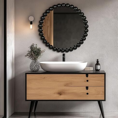 24 Inch Round Gold Wall Mirror Decorative Wall Mounted Mirror with Wood Beads – Decorative Circle Beaded Mirror for Bathroom, Living Room, Entryway, Bedroom, and Modern Farmhouse Wall Decor (Gold) in Saudi Arabia